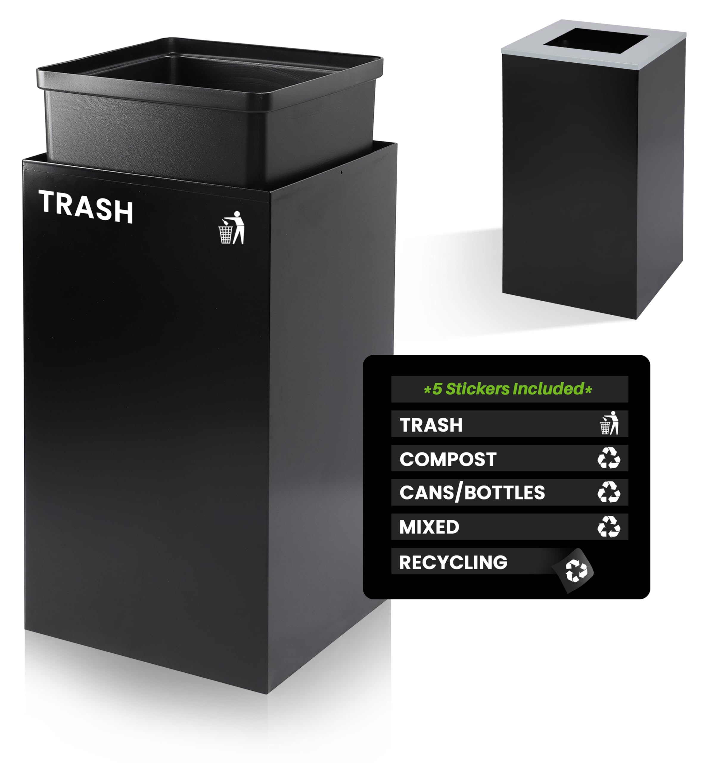 Photo 1 of *Dented* Alpine Commercial Indoor Recycle Bin - 29 Gallon Modern Looking Black Recycle Bin, Office Recycling Bins, Metal Trash and Recycling Container with Stickers & 3 Optional Lids (lid Sold Separately)