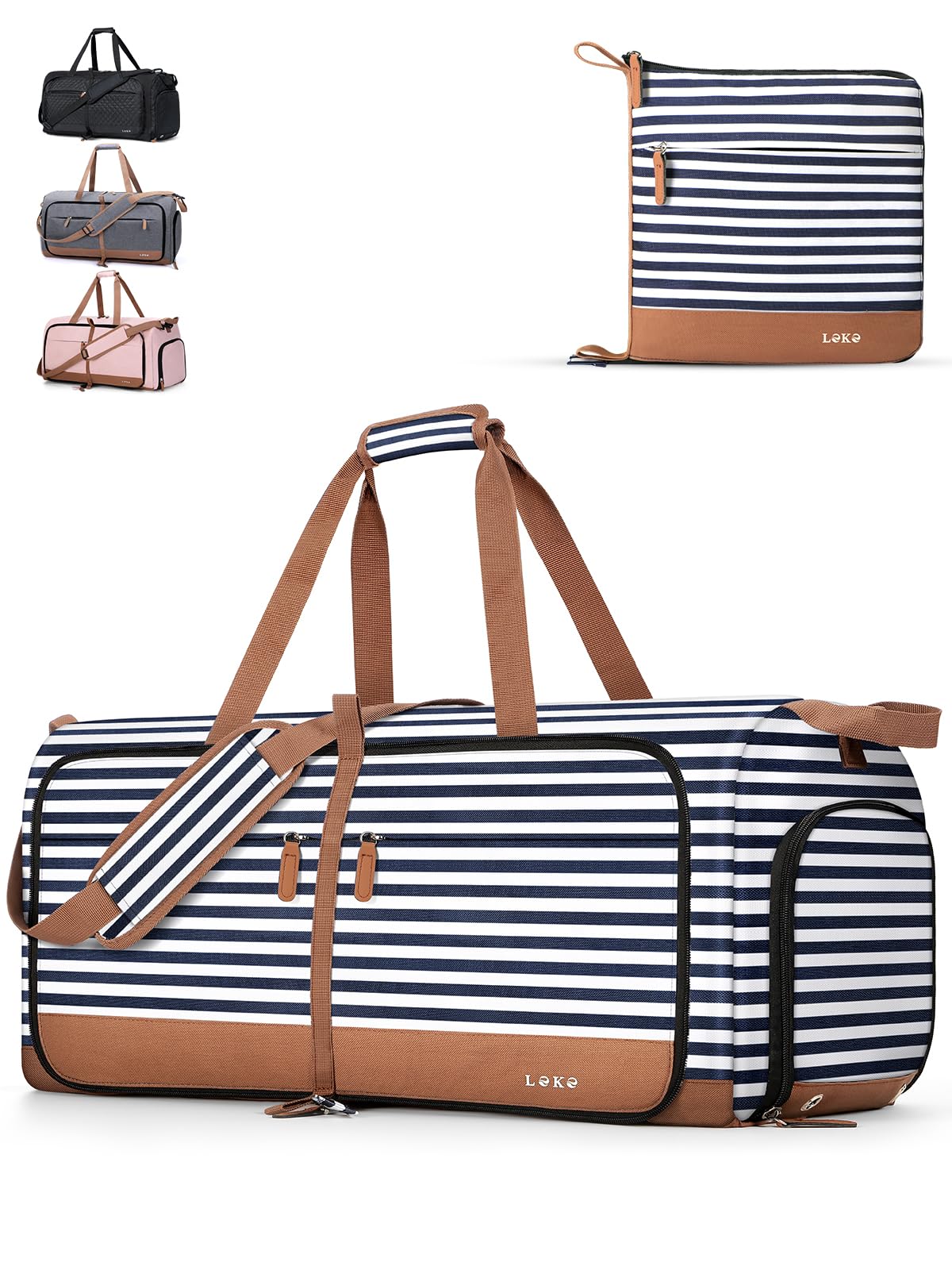 Lekesky Large Foldable Travel Duffe Bag - 60L Waterproof Holdall Luggage Bag with Shoes Compartment, Weekend Overnight Sports Bag for Women and Men(Striped, 63 * 30 * 28cm)