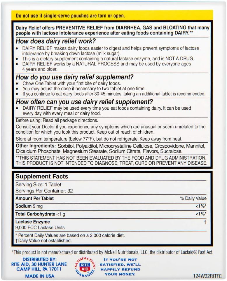 Rite Aid Fast Acting Dairy Relief Chewable Tablets, Vanilla Flavor - 32 Ct. | Lactase Enzyme Supplement | Gas & Bloating Relief | Lactose Intolerance Pills | Dairy Relief Pills | Enzymes for Digestion: Health & Personal Care