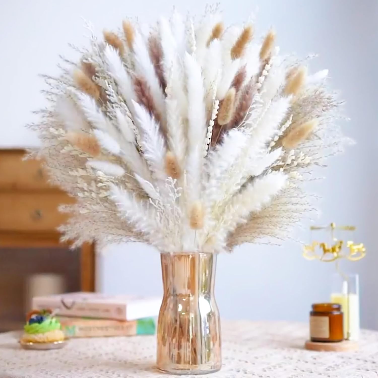 Dried & Preserved Flora - Pampas Grass Boho Home Decor - Moraway Fall Floral Arrangement - Natural Dried Flower for Wedding Party Baby Shower Living Room Bedroom Farmhouse Office Table Vase - Western Modern Neutral Decoration