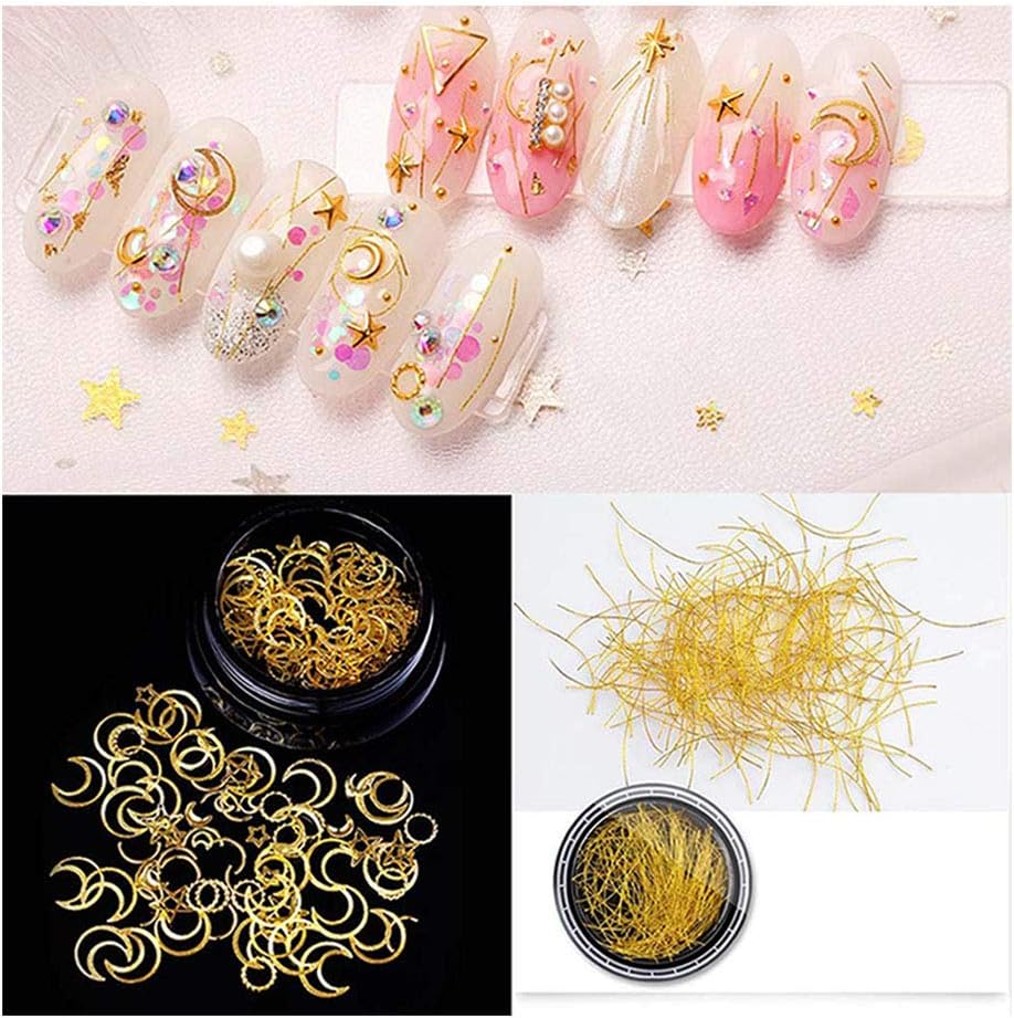 Lookathot 3D Mixed Design Nail Art Stickers Decals Metallic Studs Rhinestones Moon Star Shell Ring Chain Gold Silver Manicure DIY Decoration Tools
