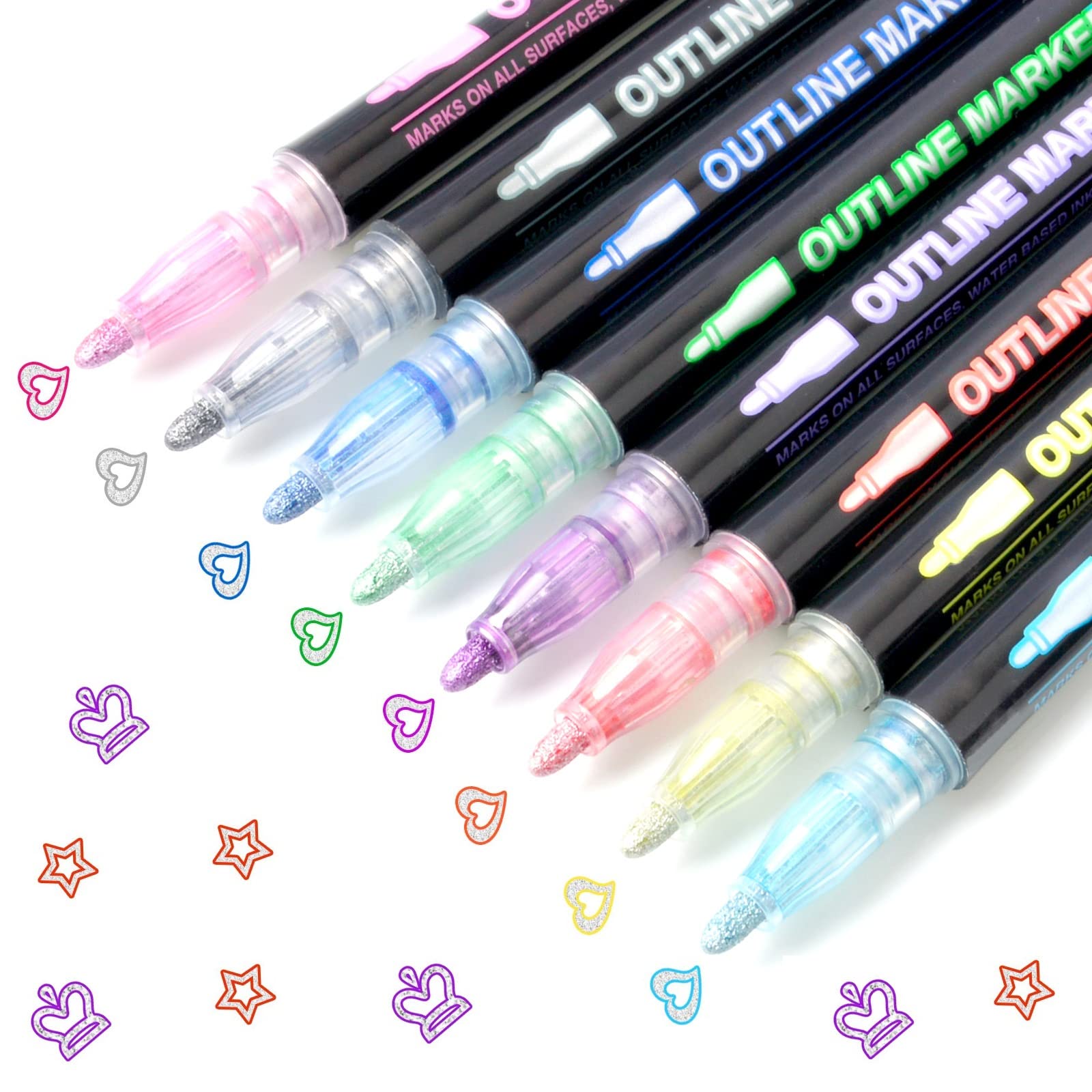 Hiyouer Double Line Outline Pens, 8 Colours Shimmer Metallic Markers Glitter Pens fo DIY Art Craft Scrap Booking Posters Doodle Dazzle for Birthday Greeting Festival Card