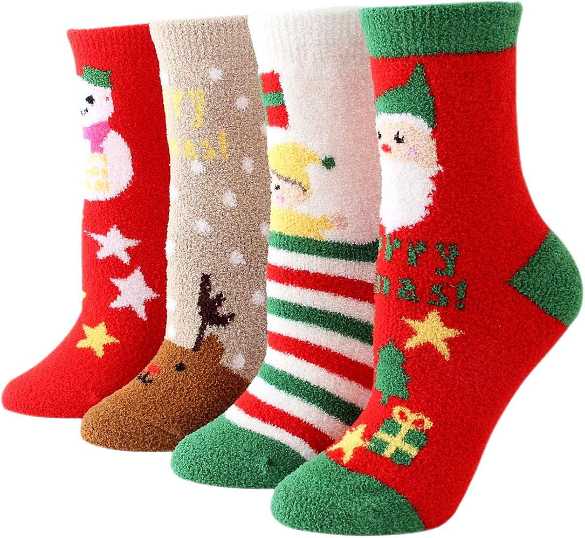 Faletony 4 Pairs Christmas Holiday Fuzzy Fluffy Socks Super Soft Cozy