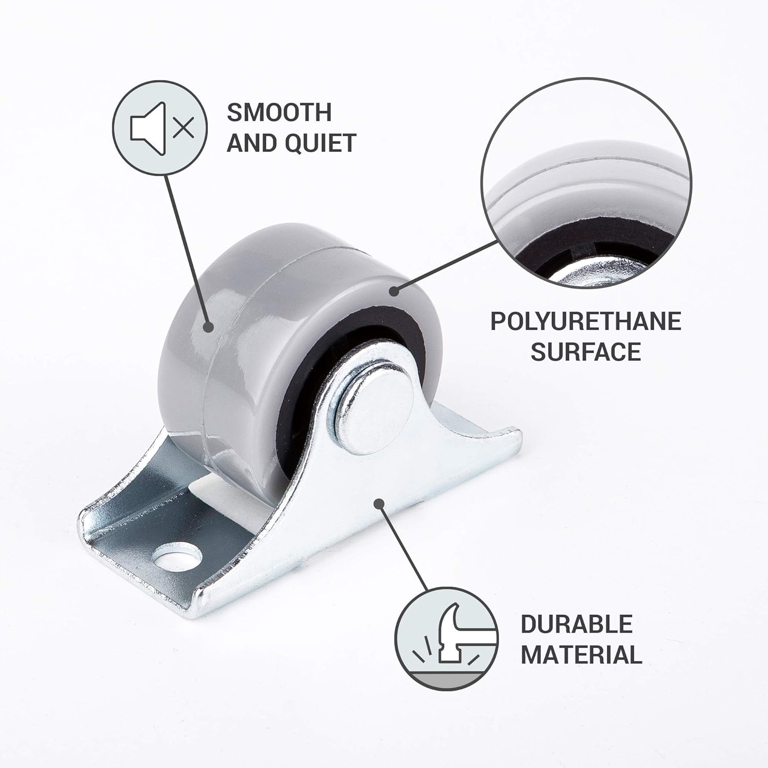 4 x 25mm Mini Rubber Castors with Metal Plate for Furniture and Equipment, Grey and Silver - Image 4