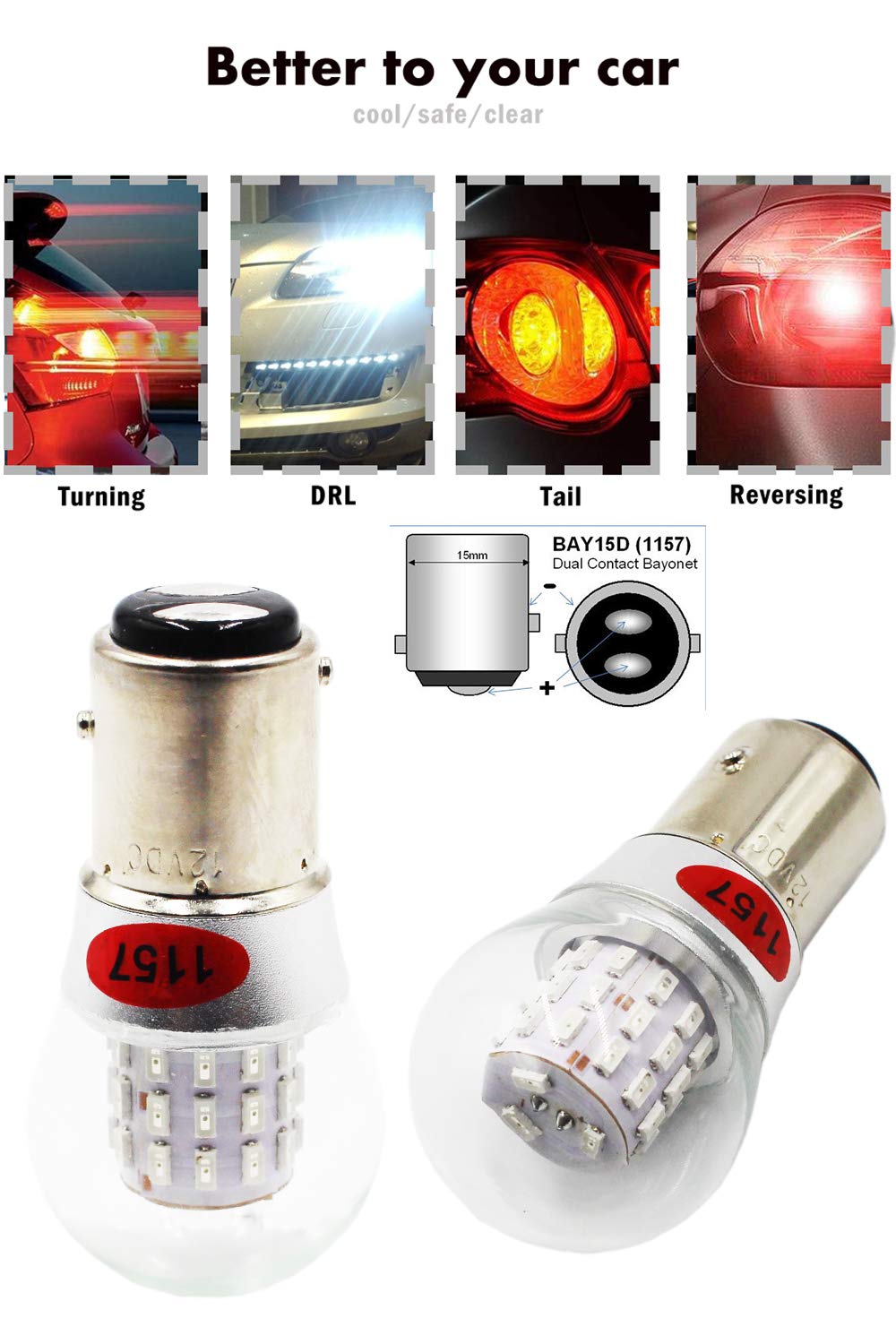 White 1157 BAY15D 2057 2357 7528 Extremely Bright LED Light 3014 39 SMD