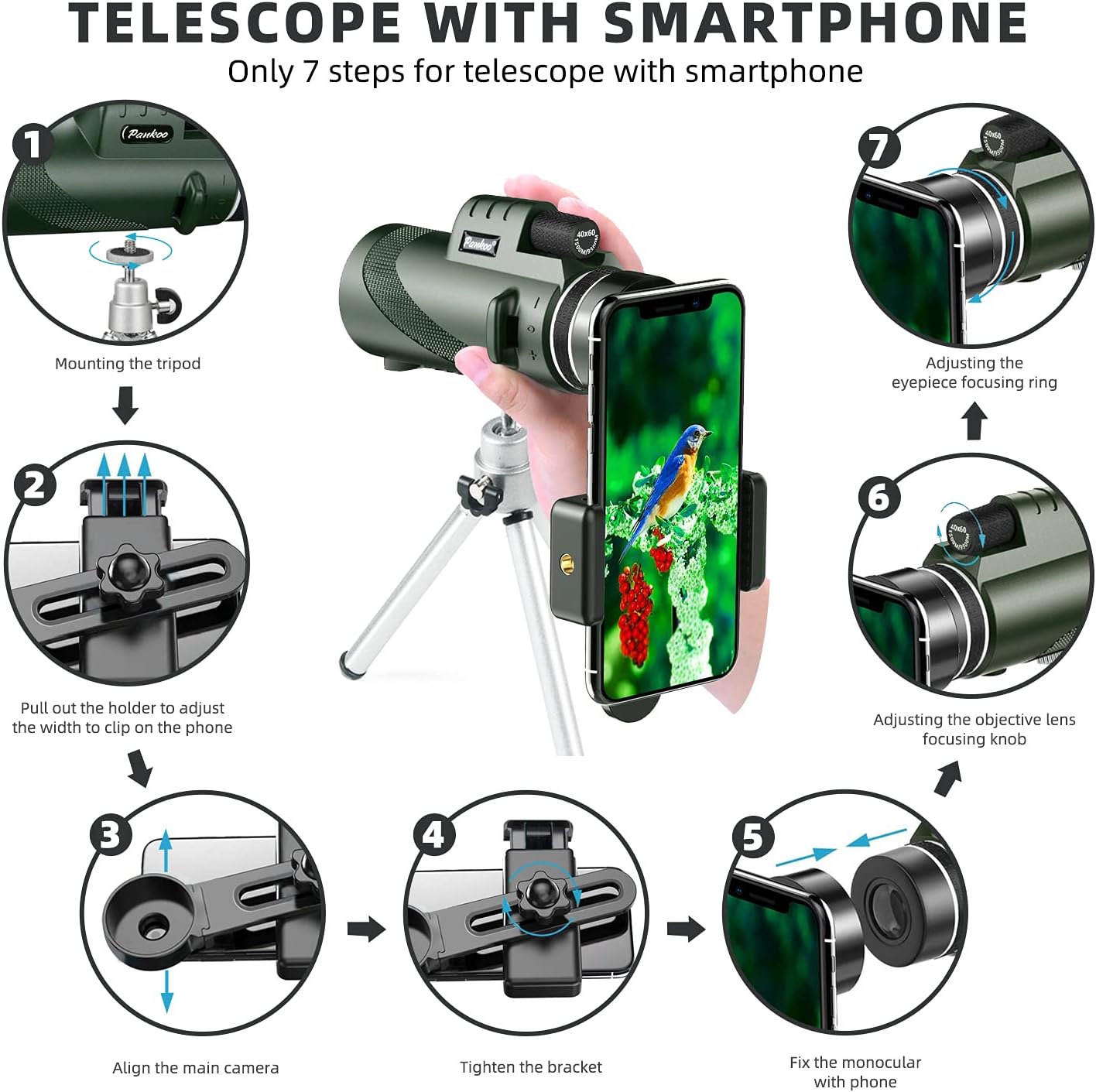 Pankoo 40X60 Monocular Telescope for Smartphone with Phone Adapter and Tripod High Power Monocular Scope for Bird Watching Hunting Traveling Concert Low Night Vision Monoculars for Adults and Kids : Camera & Photo