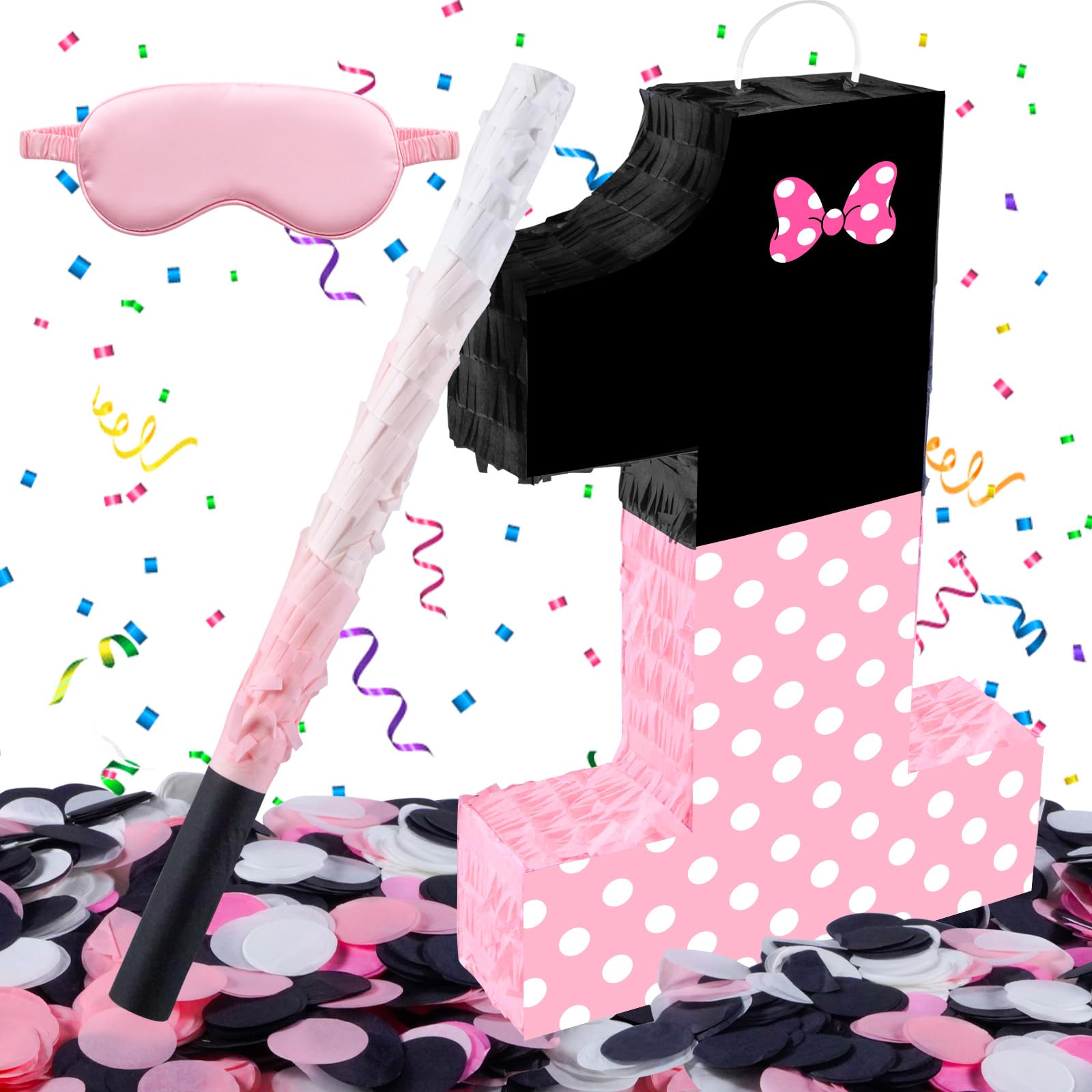 Photo 1 of 15.7 x 11.5 x 3 Inch Pink Bow Number 1 Pinata,Pink Bow Birthday Decorations, Fillable Hanging Piñata with Stick Blindfold Confetti for Girls Boys 1st Anniversary Party Decorations