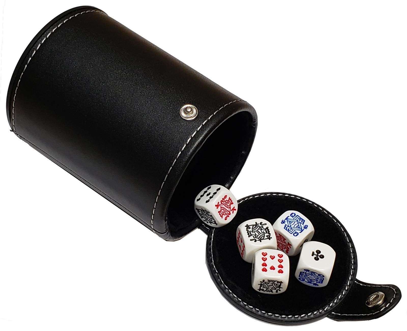 Set (5) 16mm Premium Quality Poker Dice White w/Clubs Ace + Black PU Leather Dice Cup Felt Lined (Gift Boxed)