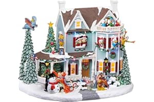 Animated Disney Christmas House 12”H Moments In Time LED Lighted Holiday Village with Music Volume Control Hand-Painted Disney Characters Power Adapter Included Festive Décor