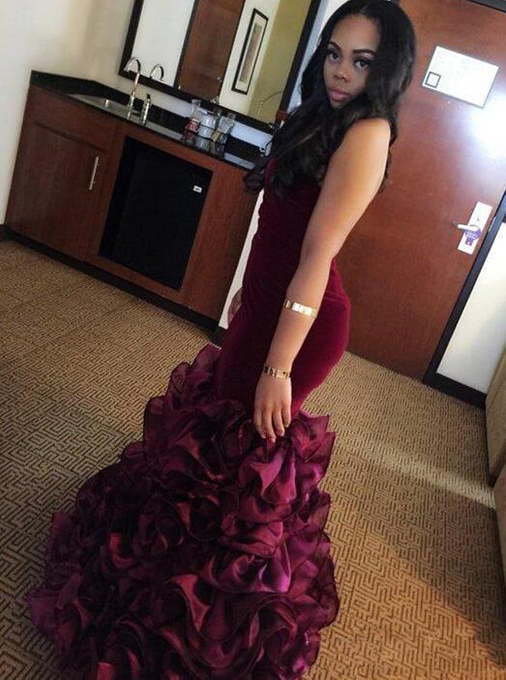 burgundy velvet mermaid prom dress