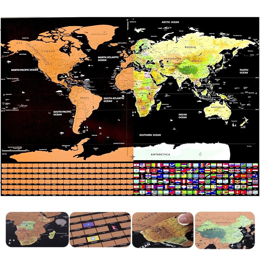 Scratch Map Art,Scratch off World Map,Interactive Travel Scratch Map Black and Gold Edition,Bright Colors Premium Artwork Poster for Home/Office Decor, Gift for Children Large 16.5 x 11.8 Inches (# 1)