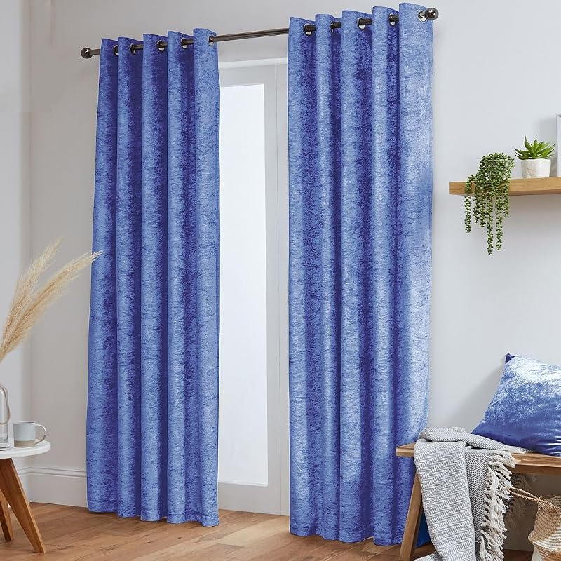 John Aird Crushed Velvet Eyelet Curtains Blue 46W x 54D Pair