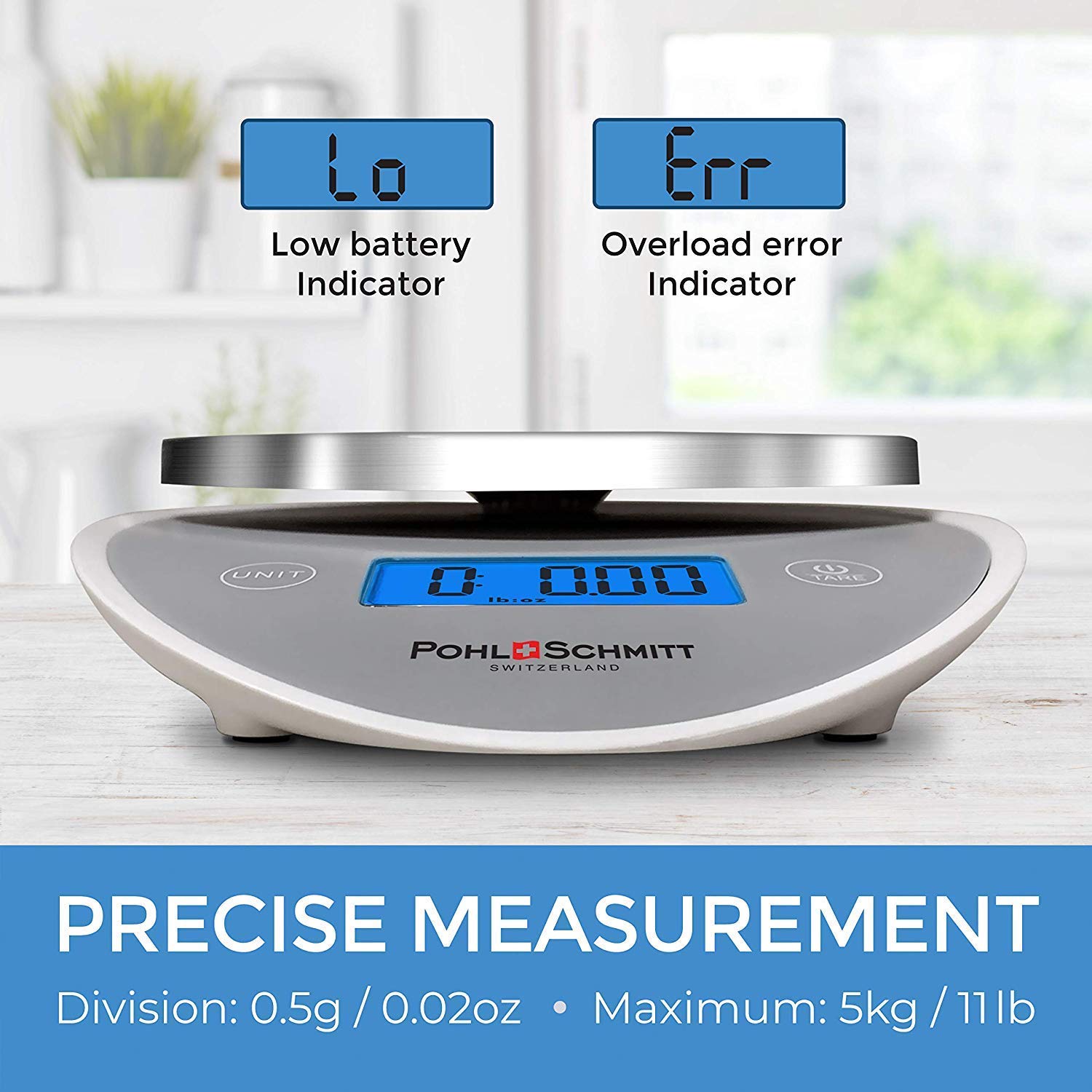 Pohl+Schmitt Digital Food Kitchen Scale, Multifunctional Weight Measuring for Cooking and Baking in Grams/Ounces, Auto Shut-Off, Stainless Steel (Batteries Included) (Silver): Industrial & Scientific