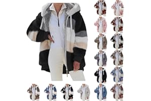 SENYENTIE Women's Winter Color Block Coat Thicken Hooded Jacket Warm Coat for Women Cardigan Oversized Fleece Fuzzy Outerwear