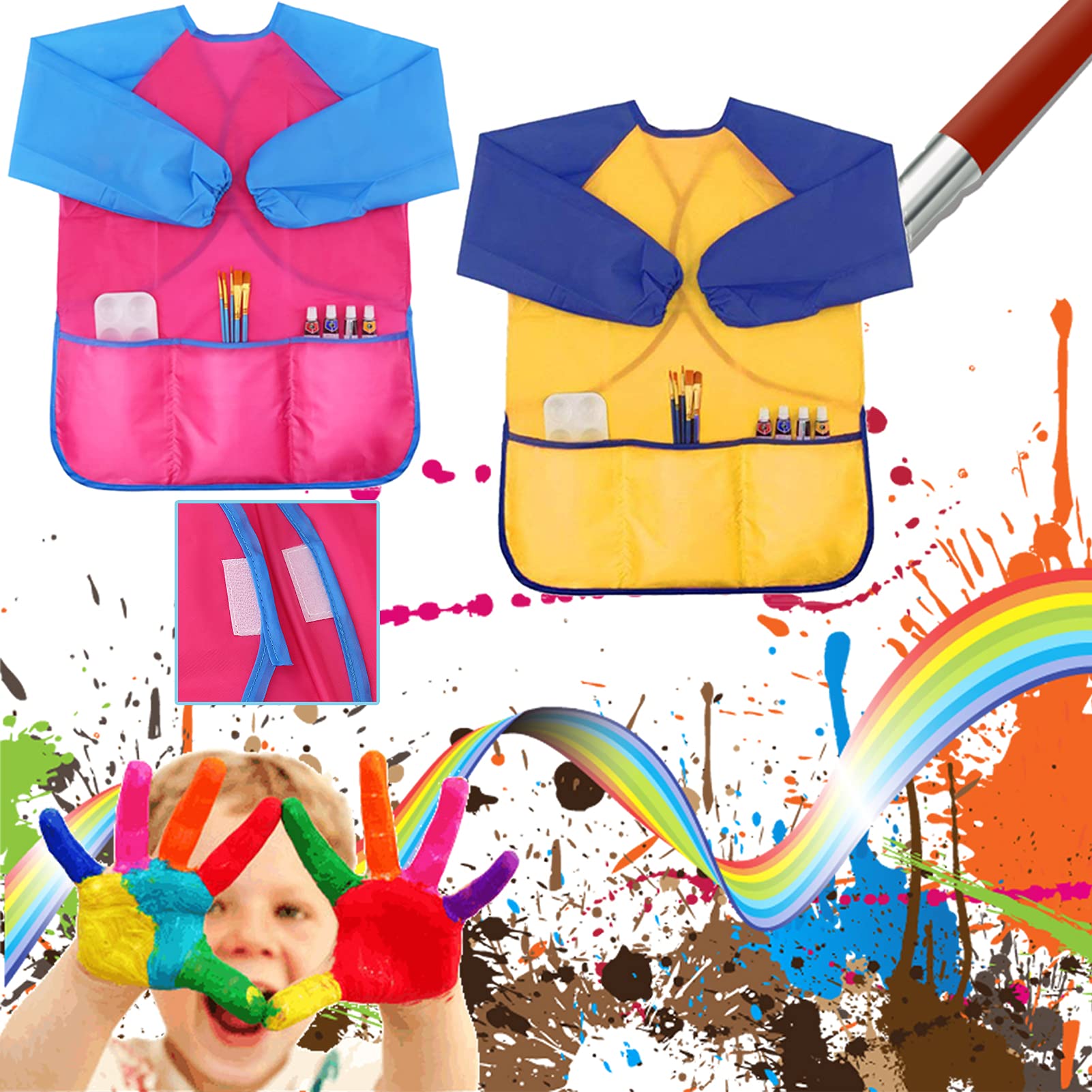 URSKYTOUS 6Pcs Kids Art Smocks, Toddler Smocks, Waterproof Smock for Kids Painting, Colorful Children Aprons, Artist Painting Smock, Long Sleeves With 3 Roomy Pockets, Age 3-7 Years