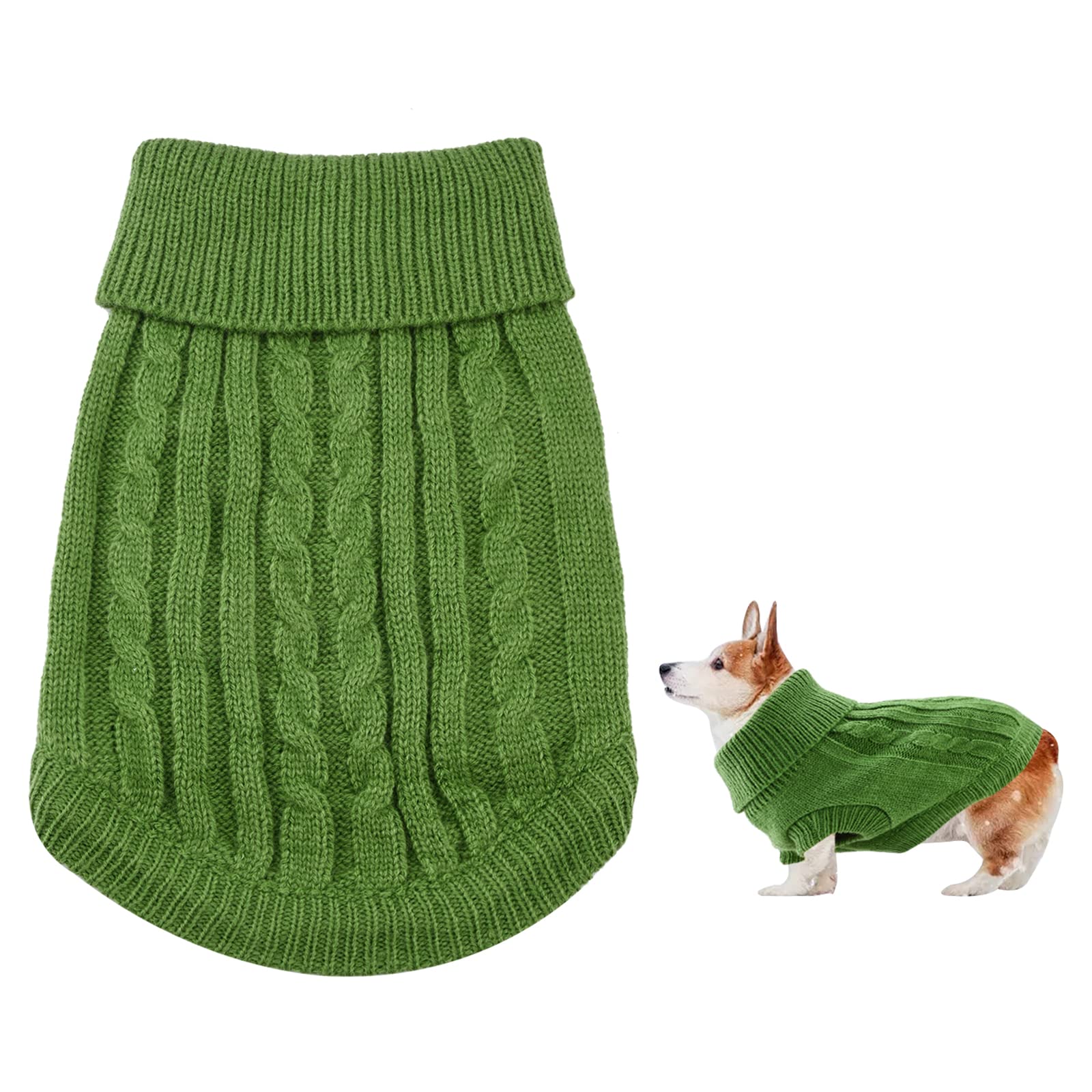 Small Dog Jumper, Warm Puppy Sweater for Winter - Knitted Pullover Soft Turtleneck Clothes Vest for Pet Autumn, Winter Outfit - Welsh Corgi, Yorkshire Terrier, Chihuahua (M, Green)