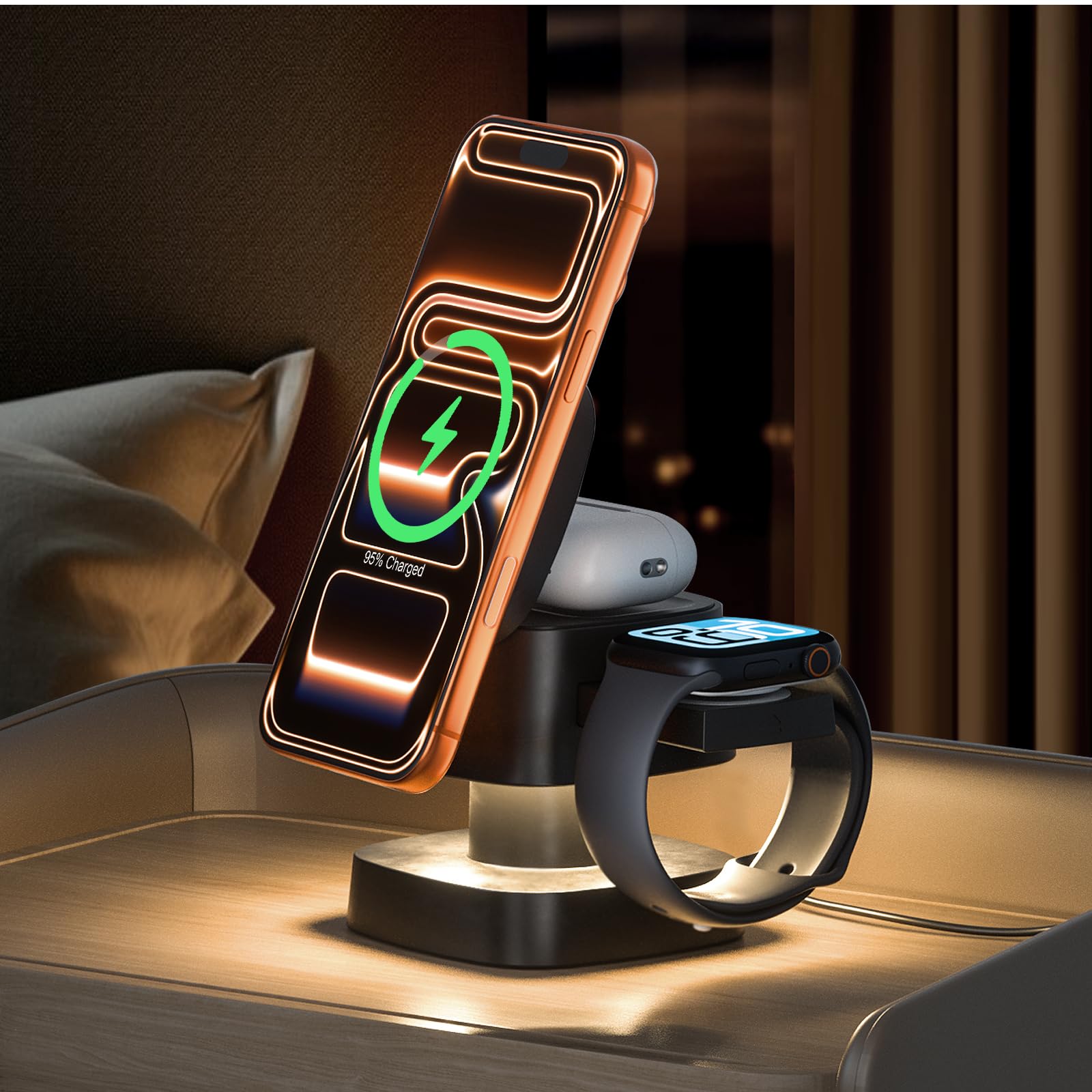 Photo 1 of ?2026 Upgraded?4 in 1 Wireless Charger, 3 in 1 Wireless Charging Station with Night Light for MagSafe Charger, 15W Magnetic Travel Stand for iPhone17/Air/Pro/Max/16/15/14, Apple Watch, Airpods (Black)