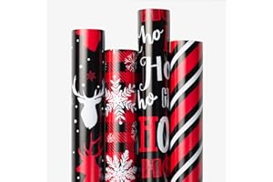 Yarcony Red and Black Chirstmas Wrapping Paper Jumbo Roll - 30 In X 120 In Per Roll - Festive Reindeer, Stripe, HO HO, Snowflake Design for Winter Gift Wrap Paper for Christmas, Holiday Collections