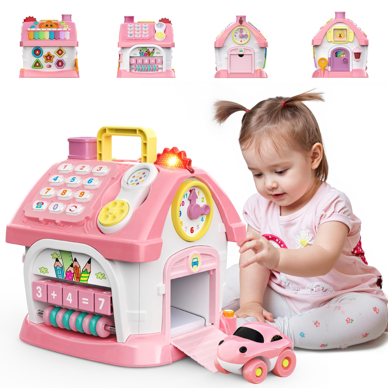dashfor Toys for 1 2 Year Old Girls: Montessori Educational Toys for 1 Year Old, Multi-Functional Activity Cube House Baby Toy with Music/Clock/Telephone, Birthday Gifts for 1 2 Year Old Girls Kids