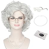Miss U Hair Old Lady Wig Silver Grey Granny Wig for Women Glasses Pearl Necklace 3Pieces Grandma Hair for Halloween