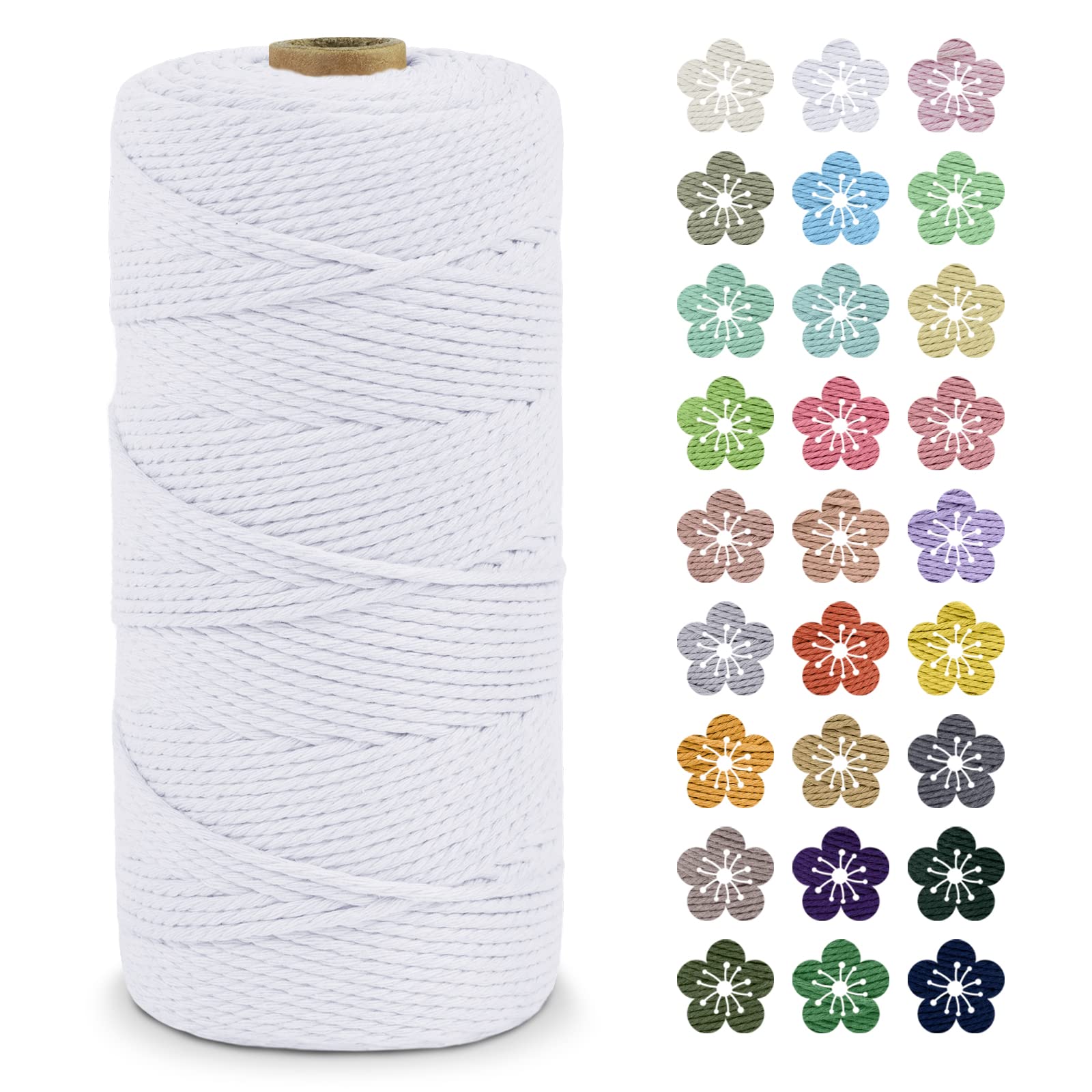 LEREATI Macrame Cord 2mm x 200m, Thick Macrame Rope Natural Cotton Rope Craft String, 3 Strand Twisted Cotton Cord Yarn for DIY Plant Hanger, Wall Hanging, Christmas Decoration (White)