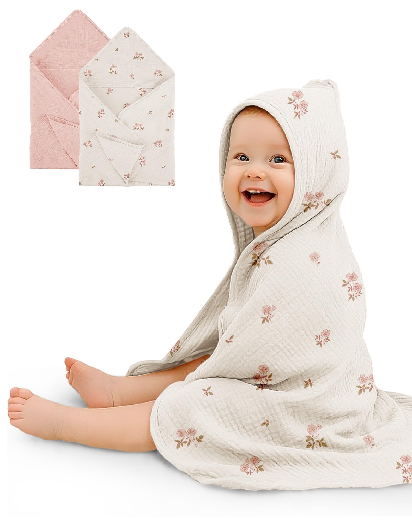 Photo 1 of Hooded Baby Towels 2 Pack, Muslin Baby Bath Towels with Hood for Newborn Infant and Toddler, Soft Breathable & Absorbent, 30" x 30" (Vintage Blossom & Pink)