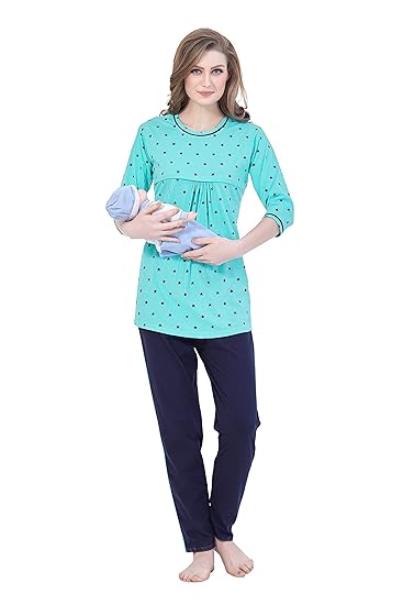 Women's Cotton Printed Feeding/Nursing/Maternity Top and Pyjama Set