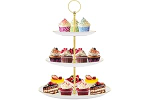 PinCute Cupcake Stand Holder - 3 Tier Cup Cake Dessert Tower, Plastic Tiered Serving Tray&Metal Rod for Birthday Party, Baby Shower and More (White)
