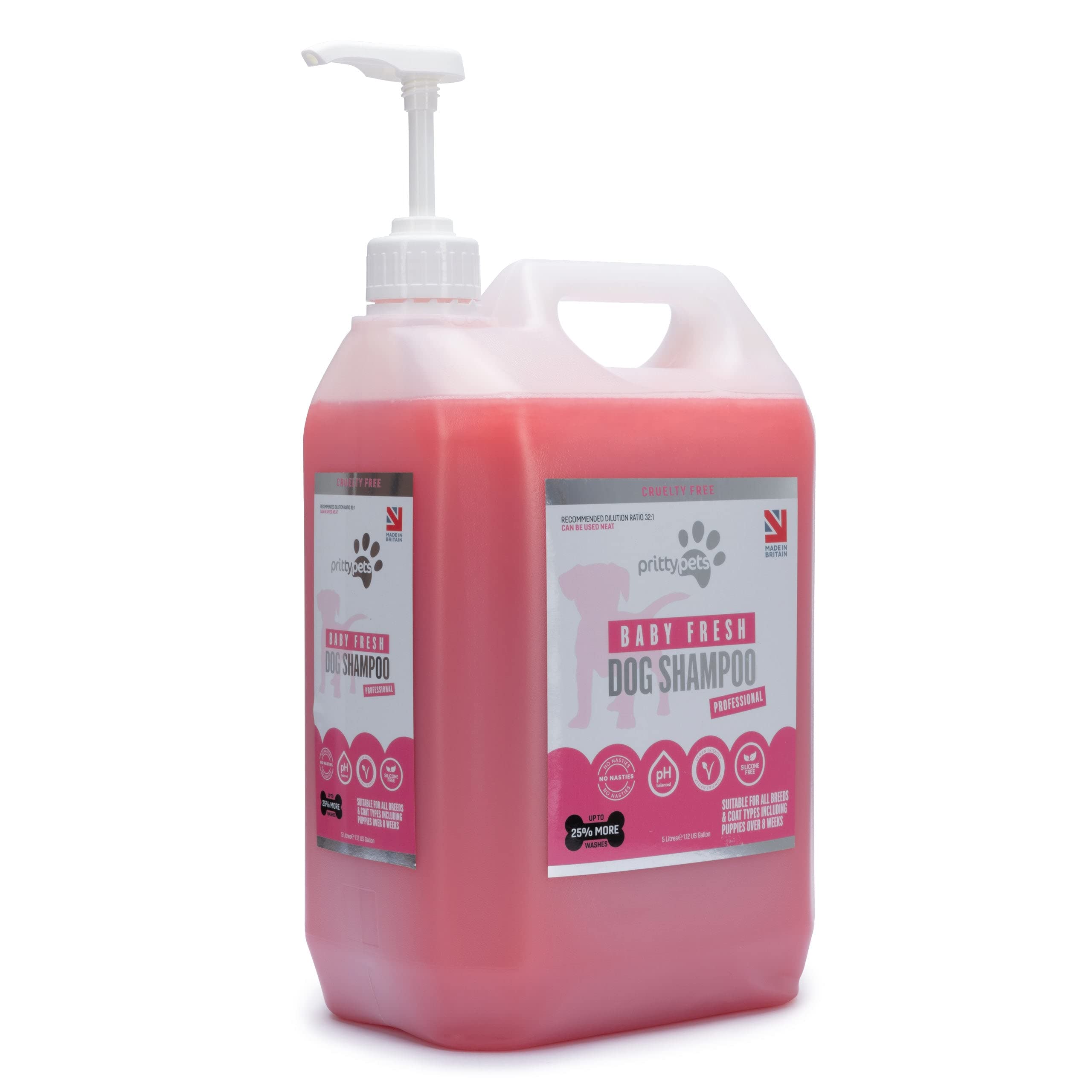 Baby Powder Dog Shampoo PRITTY PETS 5 LITRE Baby Fresh Dog Shampoo for Smelly Dogs - Professional PH Balanced, Cruelty Free, Vegan & Puppy Friendly Dog Grooming Shampoo - Made in the UK (5L with Pump)