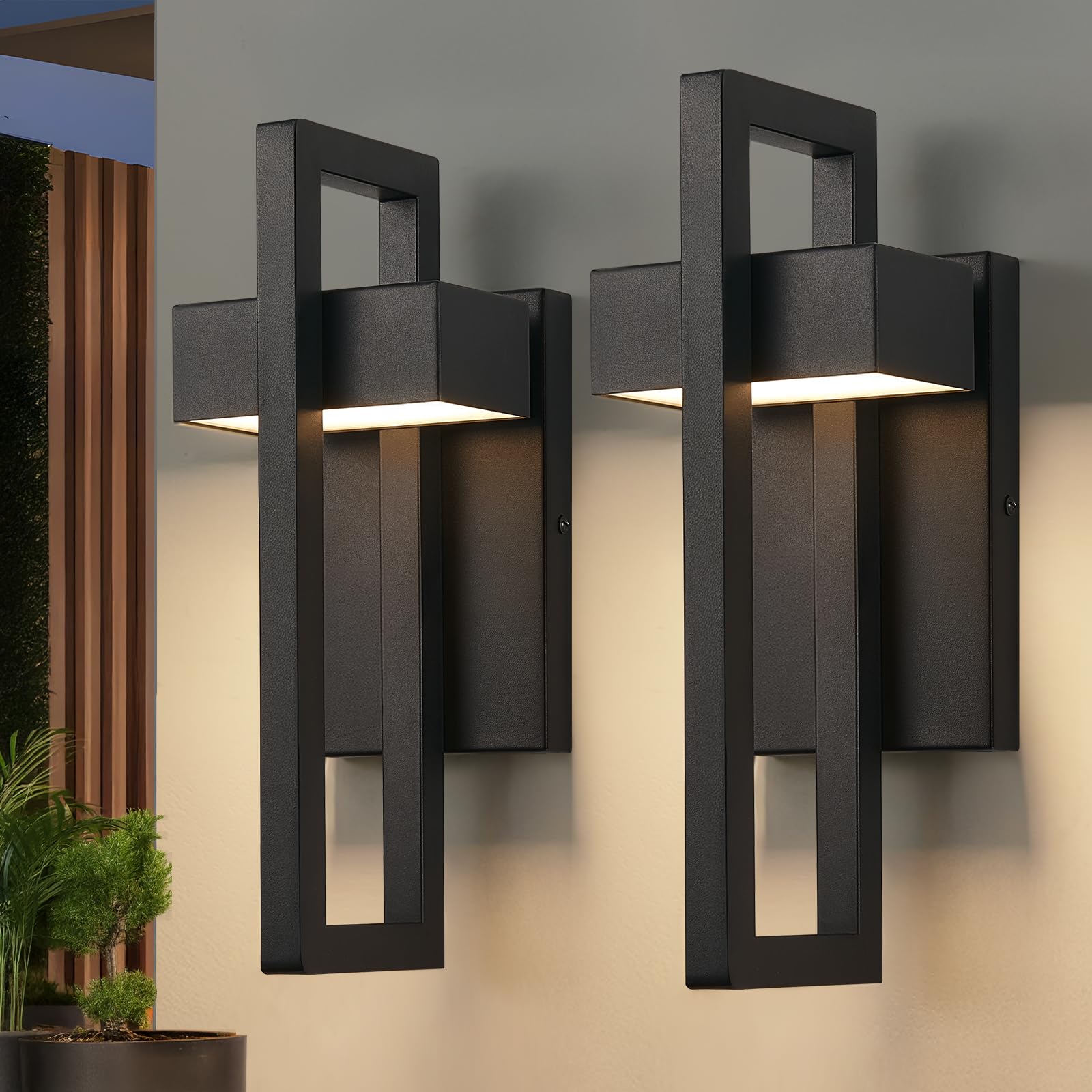Photo 1 of tewei LED Outdoor Wall Sconce Modern Exterior Lighting Fixtures, Matte Black Outdoor Front Porch Lights LED Outside Wall Mount Lights for House, Hallway, Warm White 3000K, 2 Pack