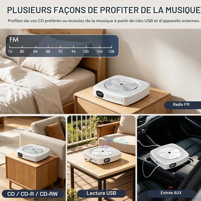 Lecteur CD Portable Bluetooth pour Maison et extérieur, avec Haut-parleurs, Batterie Rechargeable 4000 mAh, Radio FM, Lecture USB, télécommande, Fixation Murale et Support de Bureau