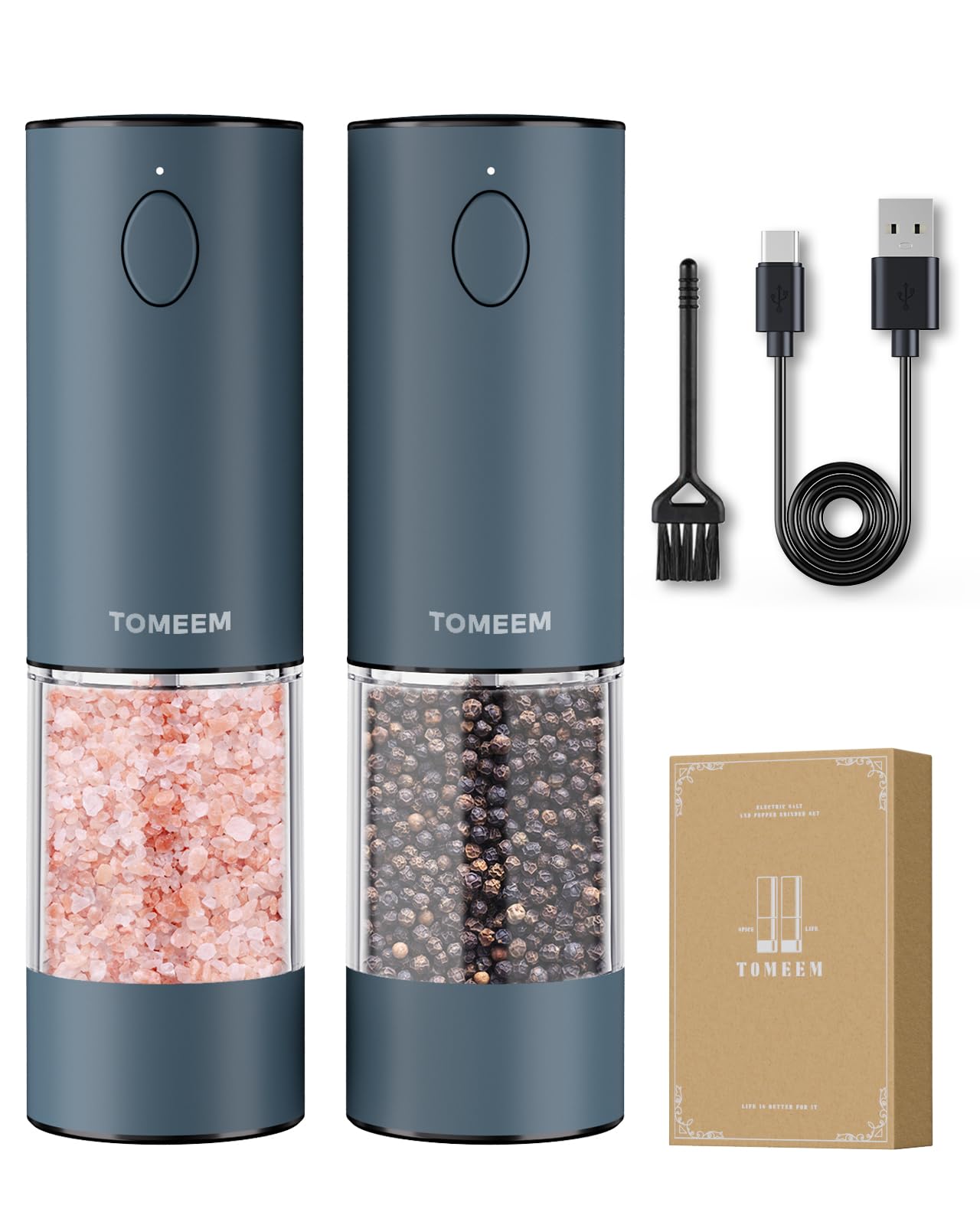 TOMEEM Upgraded Larger Capacity Electric Salt and Pepper Grinder Set Rechargeable with LED lights, Stainless Steel Automatic Pepper and Salt Grinder Refillable with 5 Adjustable Coarseness Blue Image