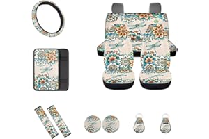 FUIBENG Bohemian Dragonfly Car Seat Covers Full Set 12Pcs Universal Fit Front and Split Bench Rear+Steering Wheel Cover+Seatbelt+Key+Center Console Armrest Pads for Cars,Boho Car Accessory