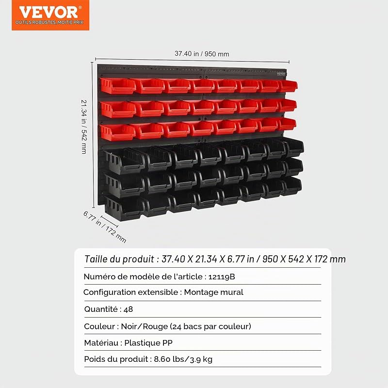 Étagère Bac à Bec Plastique, 48 Boites Rangement Empilables Atelier Garage avec Panneaux Muraux, Organisateur Outils pour Écrous, Boulons, Vis, Clous, Perles, Boutons, Petites Pièces, Noir/Rouge