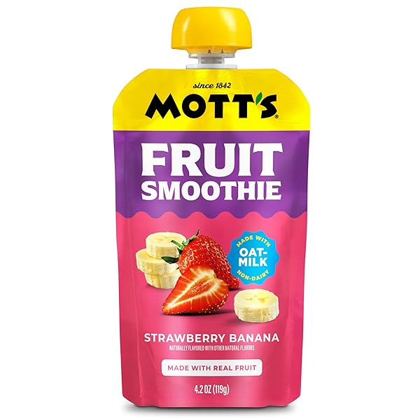 MOTT’S FRUIT SMOOTHIES STRAWBERRY BANANA, 4.2 OZ CLEAR POUCHES, 4 PACK, NON-DAIRY, MADE WITH OATMILK, MADE WITH REAL FRUIT, GOOD SOURCE OF CALCIUM, ON-THE-GO