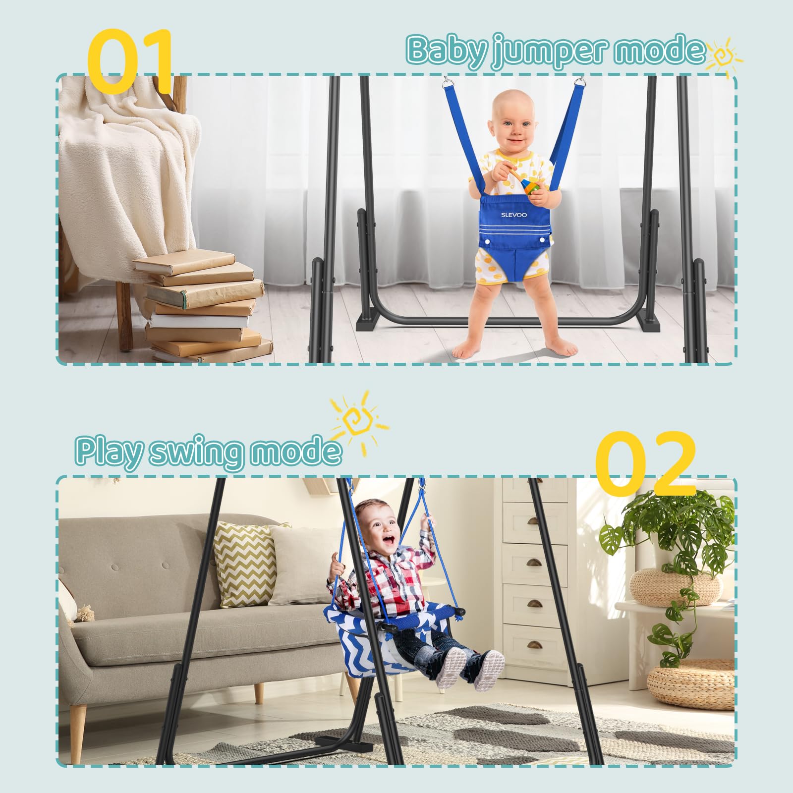 Slevoo 2 in 1 Baby Jumper and Swing, Toddler Swing Set with Foldable Stand, Ages 6 Months to 6 Years, for Indoor and Outdoor Fun, Blue