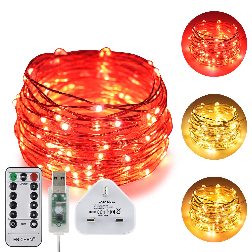 ER CHEN USB Dual-Color Led String Lights, 33FT 100 Leds Color Changing Dimmable 8 Modes Silver Copper Wire Fairy Lights with Remote Timer for Indoor Outdoor Christmas (Warm White, Red)