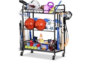 FHXZH Garage Sports Equipment Organizer - Rolling Ball Storage Rack with Wheels, Sports Gear Organizer for Garage Indoor Outdoor Toy Storage Rack, Basketball Racks Ball Cart with Basket and Hooks