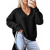Yousify Womens Fall V Neck Sweaters Casual Knit Long Sleeve Loose Fit Pullover Sweater Tops