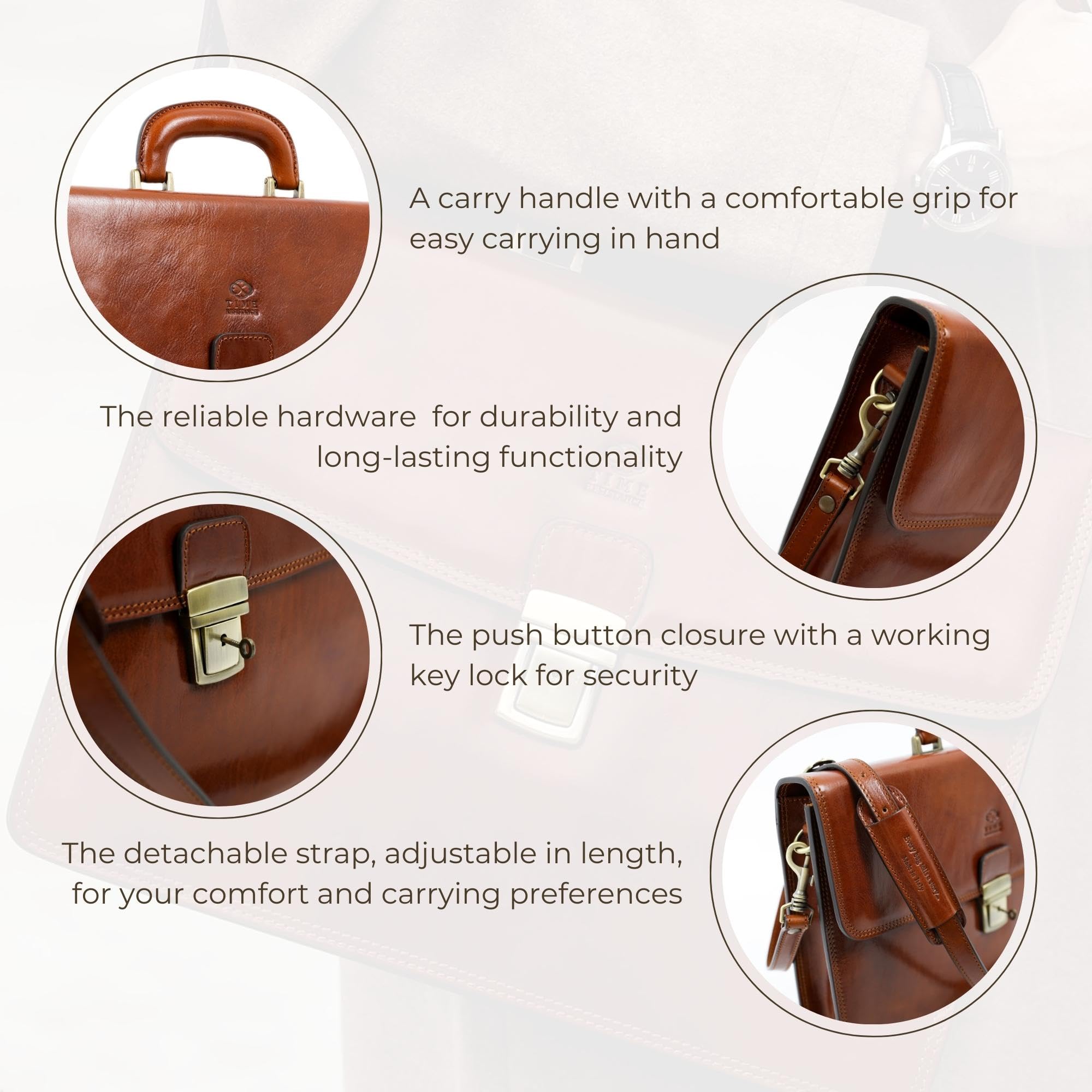 Time Resistance Leather Briefcase - Italian Handmade Leather Laptop Bag - Handbag for Men - Professional Computer Case