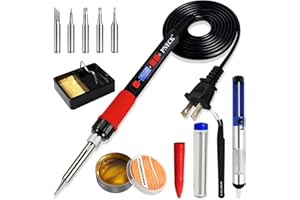 PNECK Soldering Iron Kit, 80W Soldering Iron Pen with Adjustable Temperature, LCD Display, ON/OFF Switch, 5 Tips, Solder Wire, Stand with Sponge, Pump, Paste, Tweezer, Red
