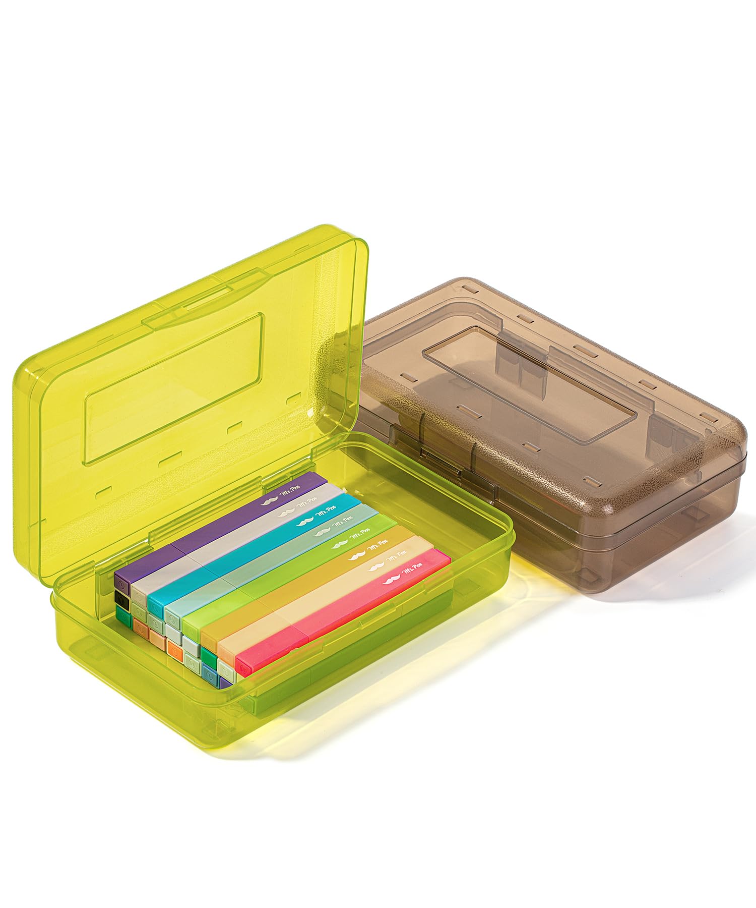 Photo 1 of Mr. Pen- Clear Pencil Boxes, 2 Pack, Green and Brown, Snap-Tight Lid, Plastic Pencil Box Organizer, 7.9"x4.5"x2.4"