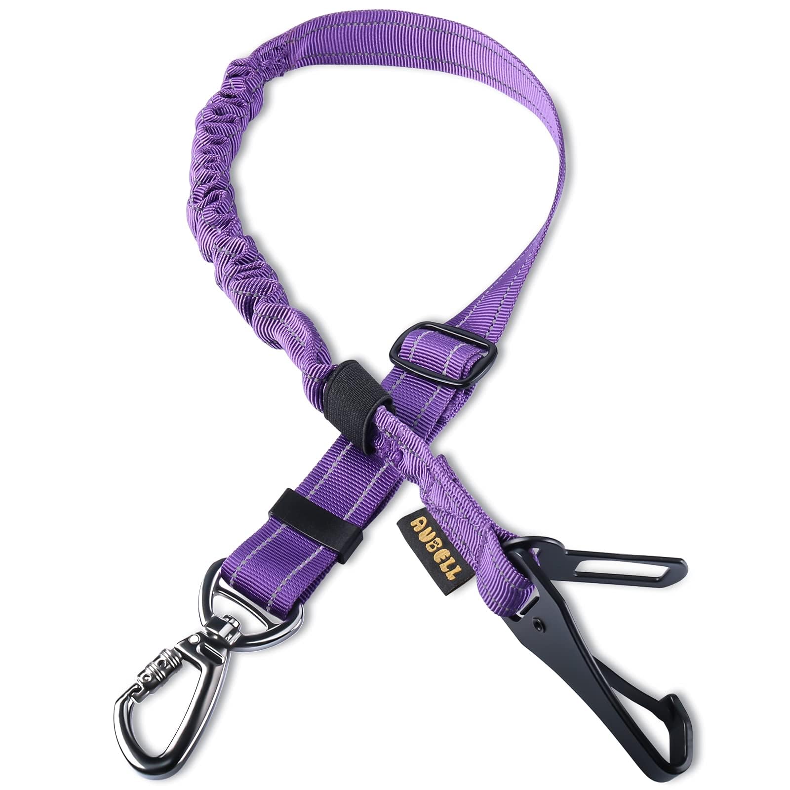 AUBELL Dog Seat Belts for Cars UK,Updated 3-in-1 Adjustable Reflective Bungee Dog Car Harness Tether with Clip Hook Latch & Buckle, Swivel Zinc Alloy Carabiner,Purple