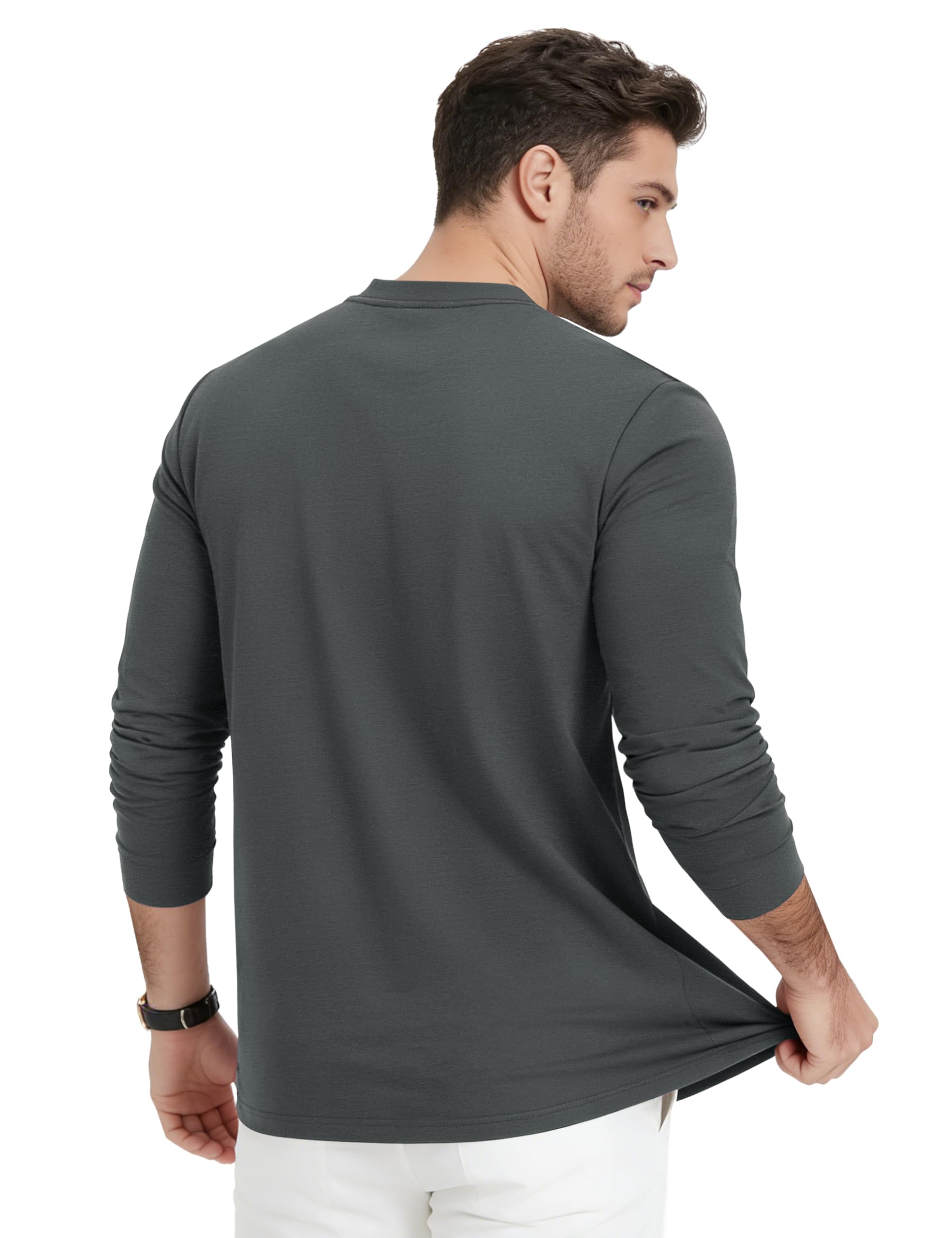 KEFITEVD Henley Herren Langarmhemd 3 Knopf Baumwolle lässig Frühling Übergang T-Shirt Dunkelgrau XL 4