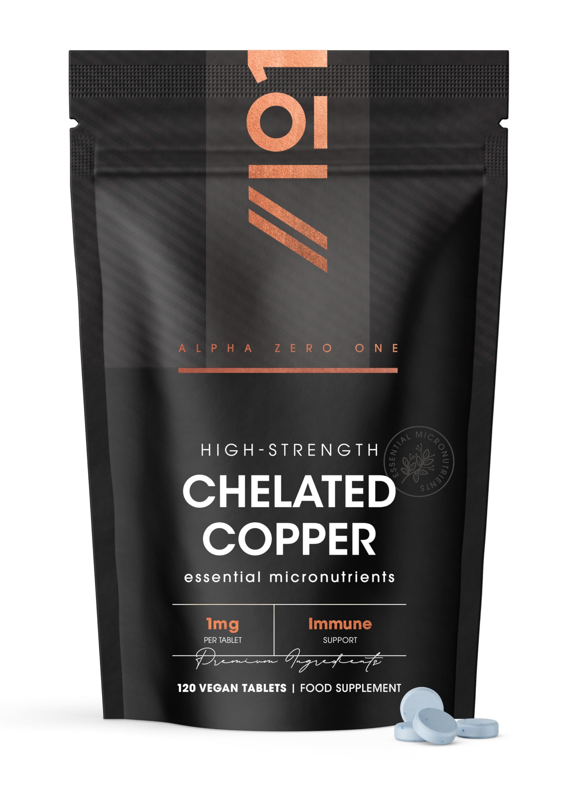 Chelated Copper Tablets 1mg - Pack of 120 - Supports Immunity - for Healthy Hair and Skin - Vegan and Gluten Free – Resealable and Recyclable Pouch by Alpha01