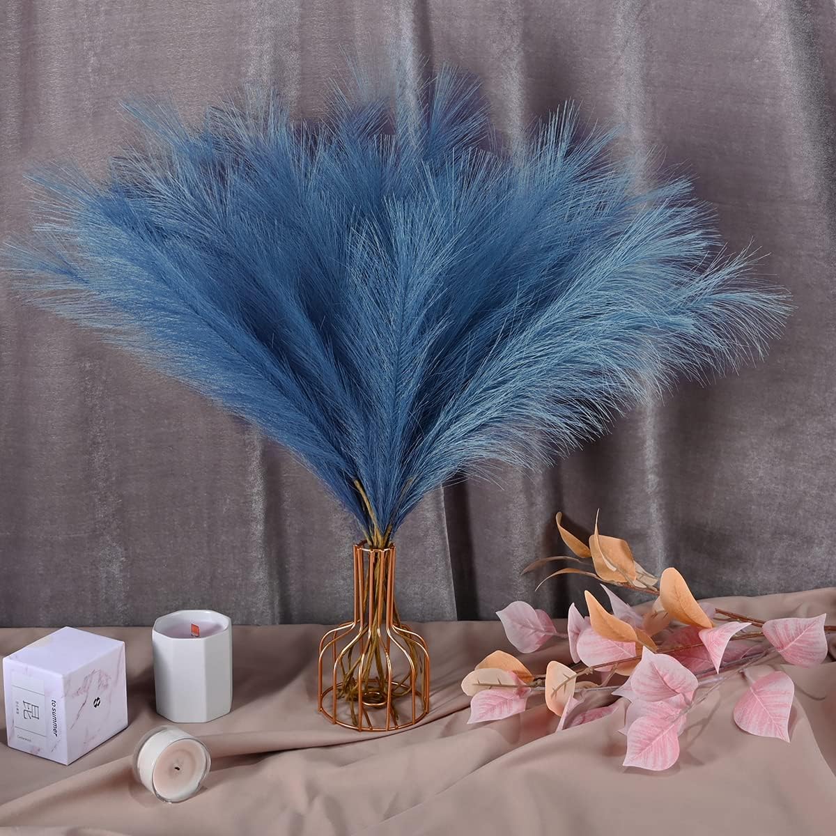 Dried & Preserved Flora - U-LIAN 12Pcs Blue Faux Pampas Grass, Fake Fluffy Pompas Floral 24 Inches Bendable, with 36 Branched Stems, Exquisite Home and Wedding Boho Decor, Artificial Flowers Dried Plants for Vase