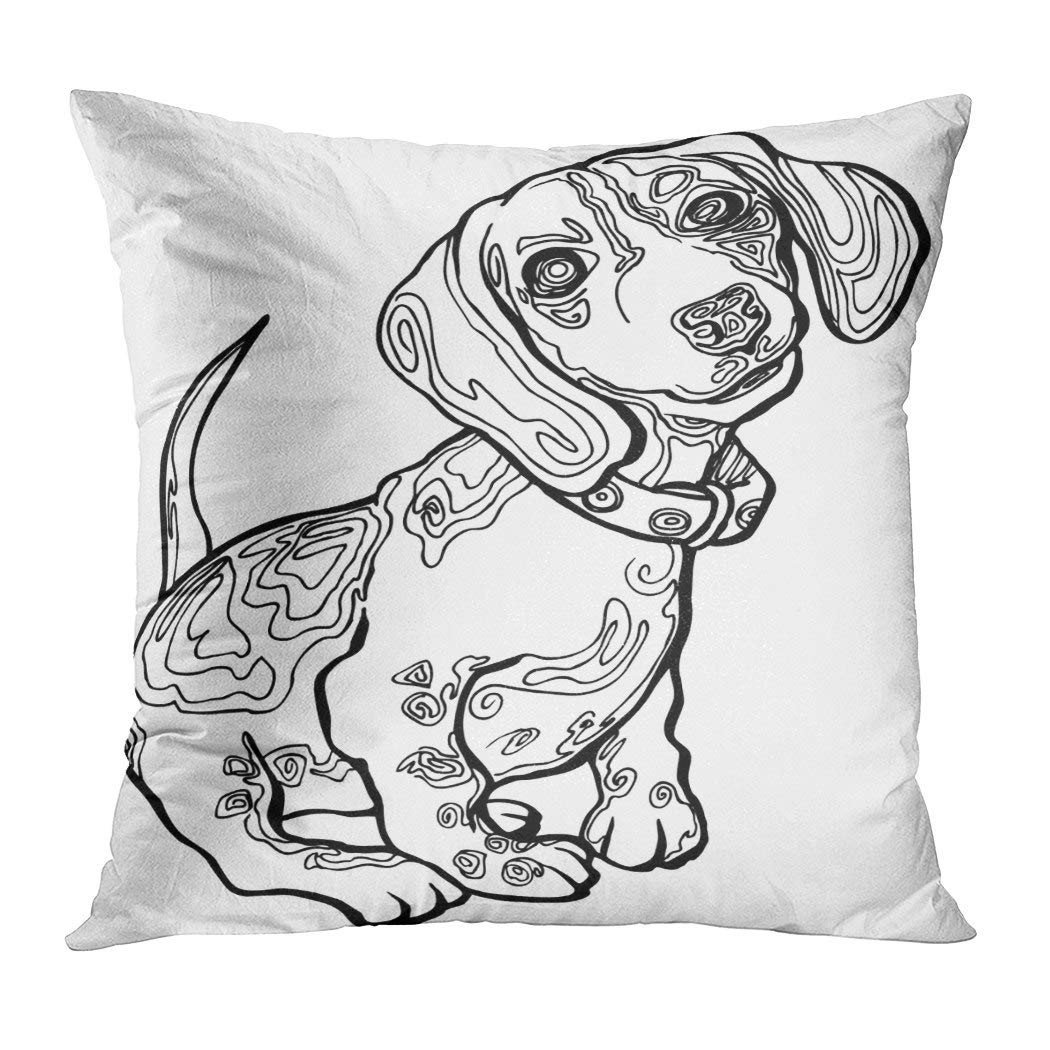 Benxii Throw Pillow Cover Stylized Dachshund Puppy for Coloring Book Doodle Zentangle Elements Home Durable Soft Decorative Polyester Pillowcase Square Cushion Couch for Sofa 16x16 Inches