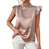 SweatyRocks Women's Elegant Mock Neck Ruffle Trim Tops Butterfly Sleeve Summer Office Blouses