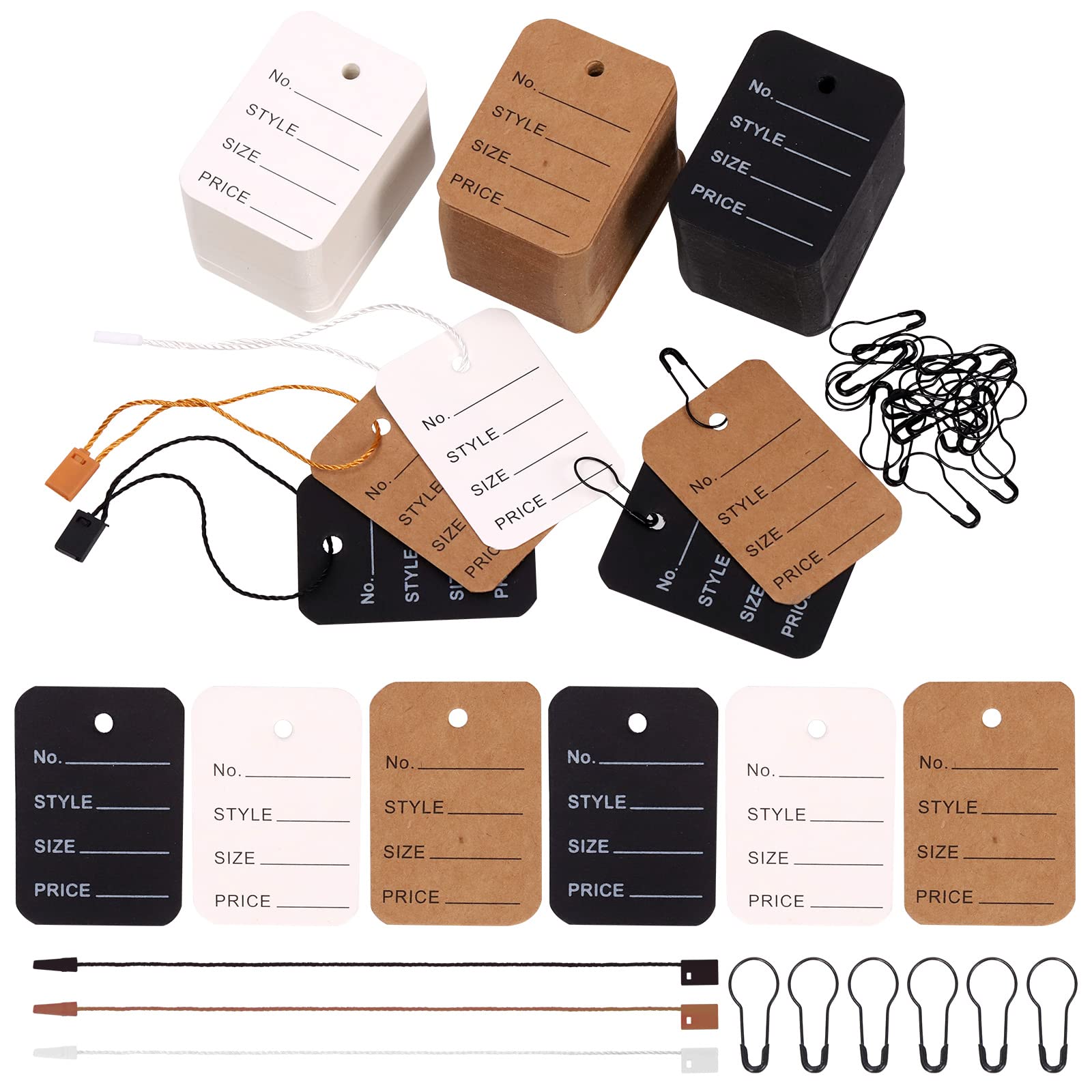 Swpeet 1700 Pcs Price Tags and Hang Tags - 3 Colors, Unstrung with Nylon String, Snap Lock Pin Loop Fastener Hook Ties