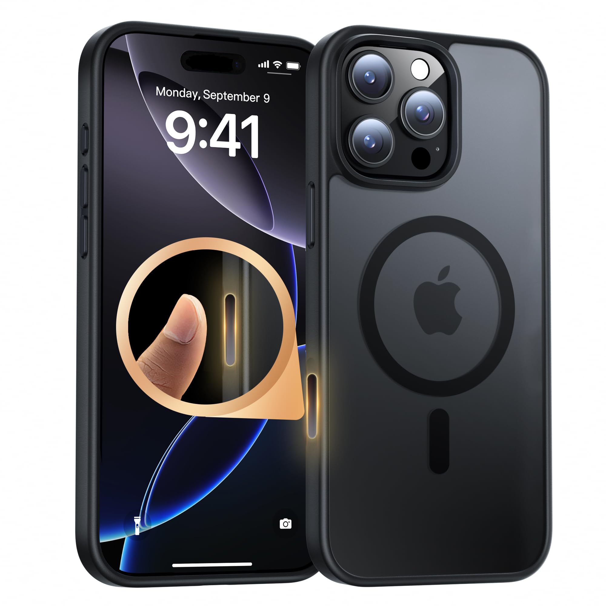 MAKAVO for iPhone 16 Pro Case with Camera Control Capture Button, Compatible with MagSafe, [Military-Grade Protection] Silicone Bumper Case, Slim Translucent Magnetic Phone Cover, Black